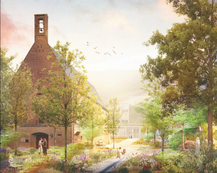 Een impressie van een Stadsoase met een groene tuin rond de Waalse Kerk met uitzicht op het nieuwe Stadstheater.