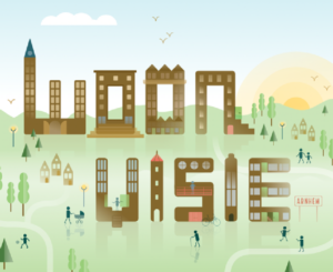 Logo van de Woonvisie met de letters als woningen en mensen die in een groene omgeving recreëren.