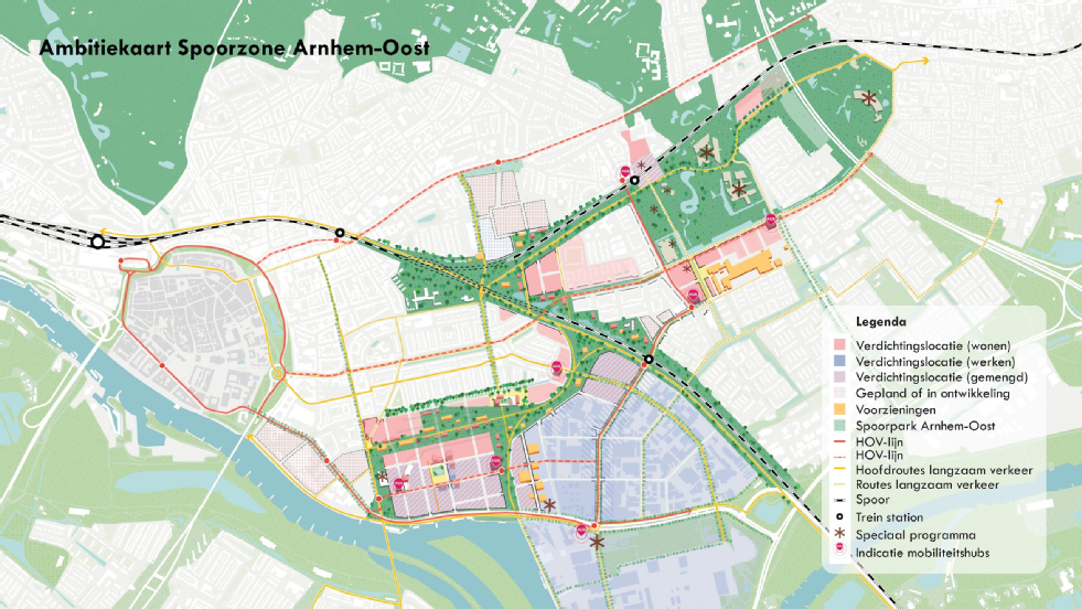 Ambitiekaart van Spoorzone Arnhem-Oost met daarop in kleuren ingetekend gebieden voor onder andere wonen, werken, voorzieningen, en Spoorpark.