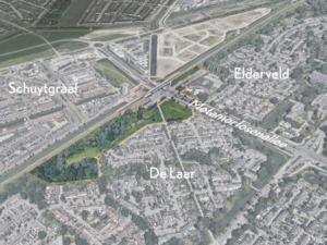 Locatie van het gebied van station Arnhem Zuid tussen de wijken De Laar, Schuytgraaf en Elderveld.