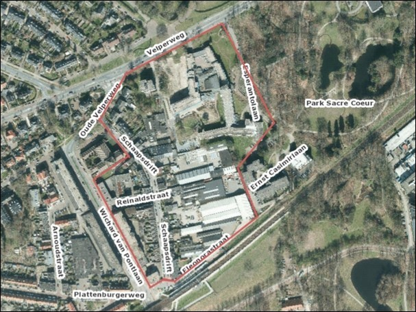 Overzichtskaart van Schaapsdrift en omgeving. Met de kleur rood is het gebied gemarkeerd tussen de Wichard van Pontlaan, de (oude) Velperweg, de Esperantolaan en het spoor naar Zutphen.