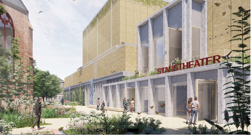 Beeld uit het ontwerp: het Stadstheater krijgt een tweede entree aan de kant van de binnenstad. Copyright: Ontwerpteam Stadstheater