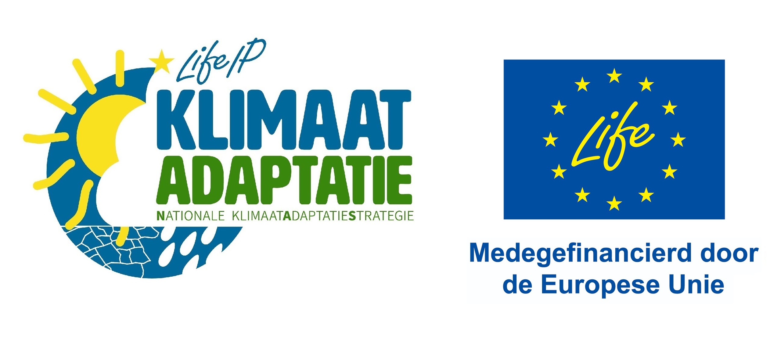 Logo Life IP Klimaatadaptatie met onder het logo de tekst Nationale Klimaatadaptatie en logo Life met onder het logo de tekst Strategie Medegefinancierd door de Europese Unie.