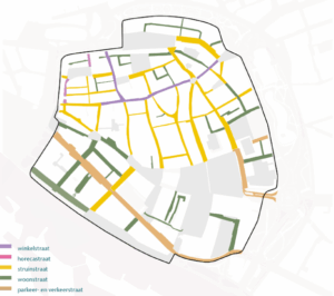 Overzichtskaart van de binnenstad met in kleur de verschillende type straten in de binnenstad ingetekend, zoals horecastraat, woonstraat, enzovoort.