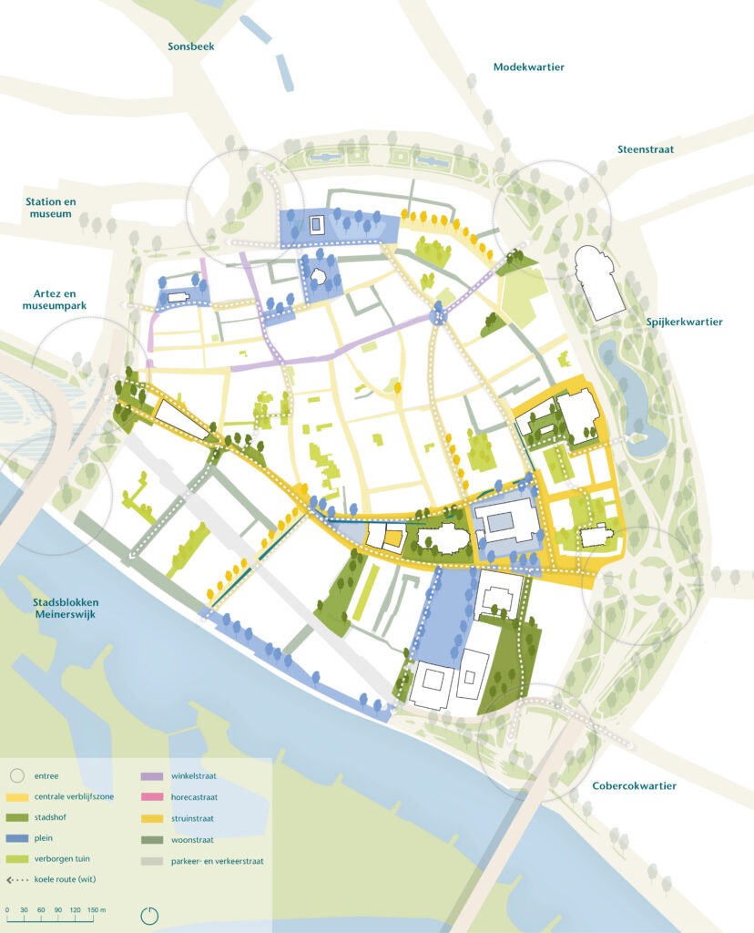 Kaart waarop de visie van de Arnhemse binnenstad is uitgewerkt.