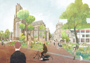 Visualisatie Eusebiushof: op het plein staan verschillende bomen met boomtuinen vol gras en bloemen. Op de voorgrond fietst iemand voorbij en er lopen mensen over het plein.