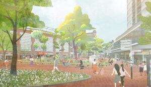 Visualisatie Johnny van Doornplein: op het plein staan verschillende bomen met boomtuinen waar bloemen en gras in staan. Op het plein lopen mensen.