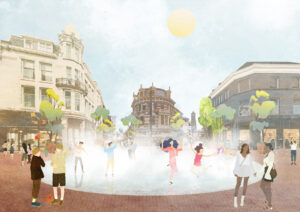 Visualisatie Land van de Markt: op de achtergrond zie je gebouwen. Op de voorgrond dansen mensen in een fontein. Eromheen staan mensen te praten. Ook staan er op het plein verschillende bomen.