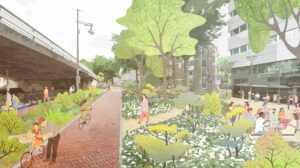 Visualisatie Nieuwe Plein: links in beeld is een viaduct. Daarnaast is fietspad met aan beide kanten een groenstrook. De groenstrook staat vol bomen, planten en bloemen. Aan de rechterkant zitten mensen op bankjes.